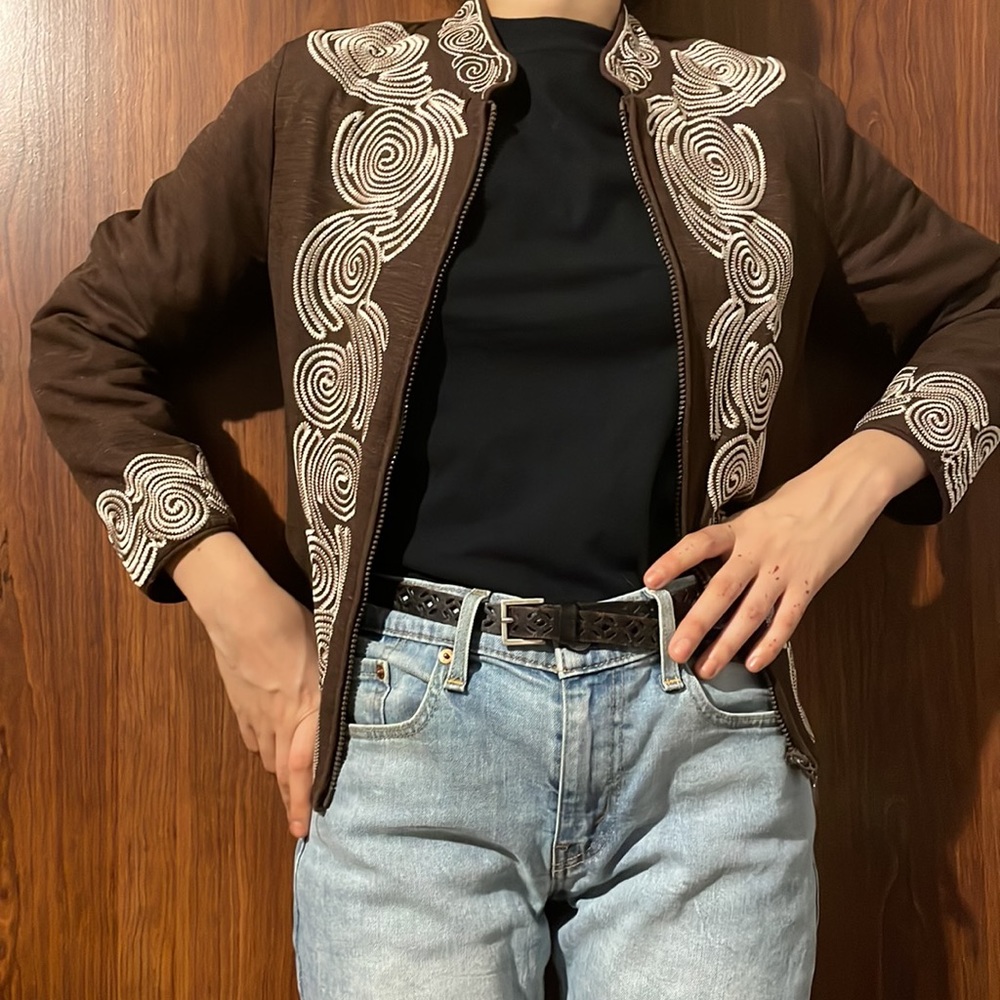 Brown and White Embroidered Blazer